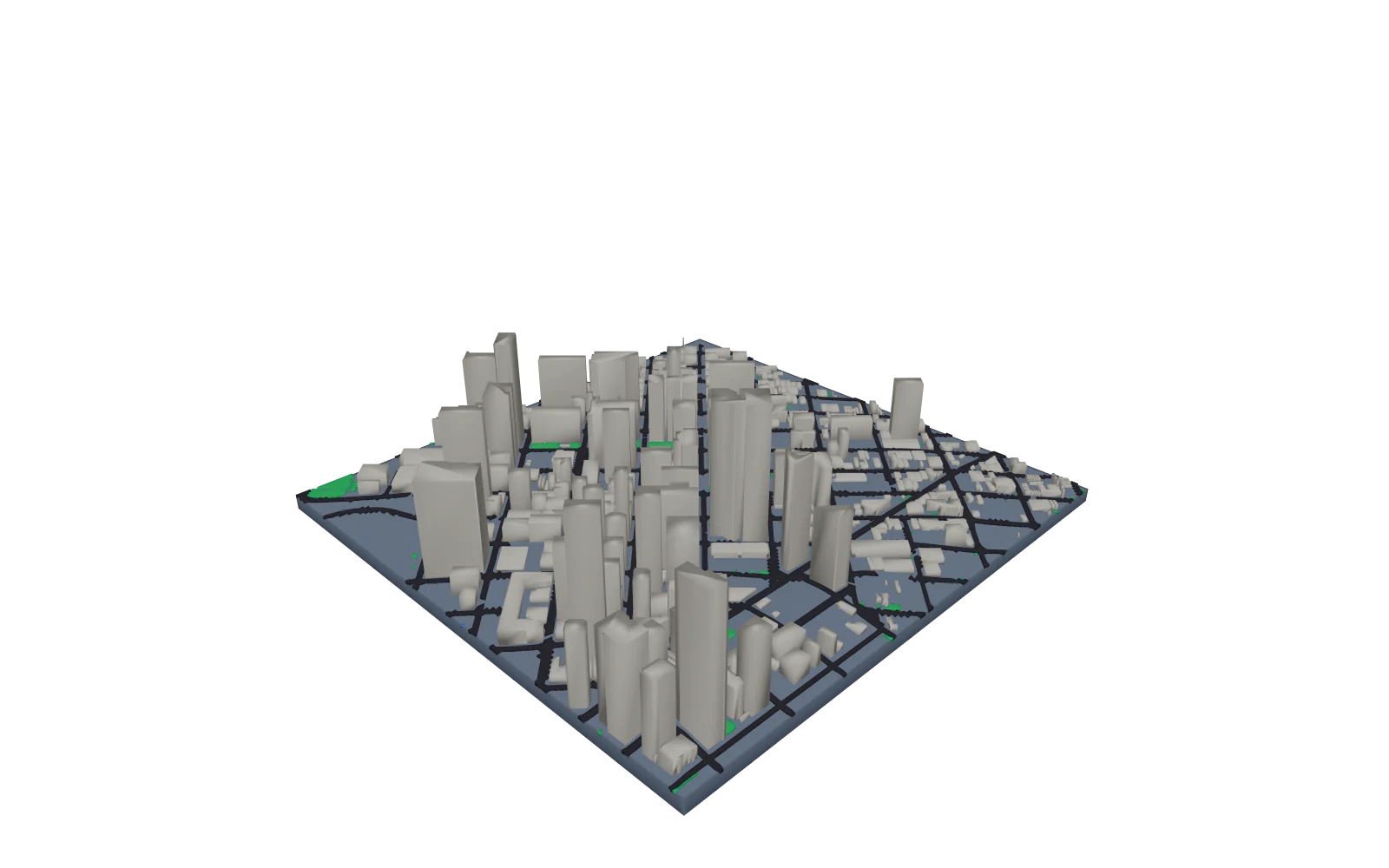 3D city model of downtown Denver with buildings, streets and parks on a square base