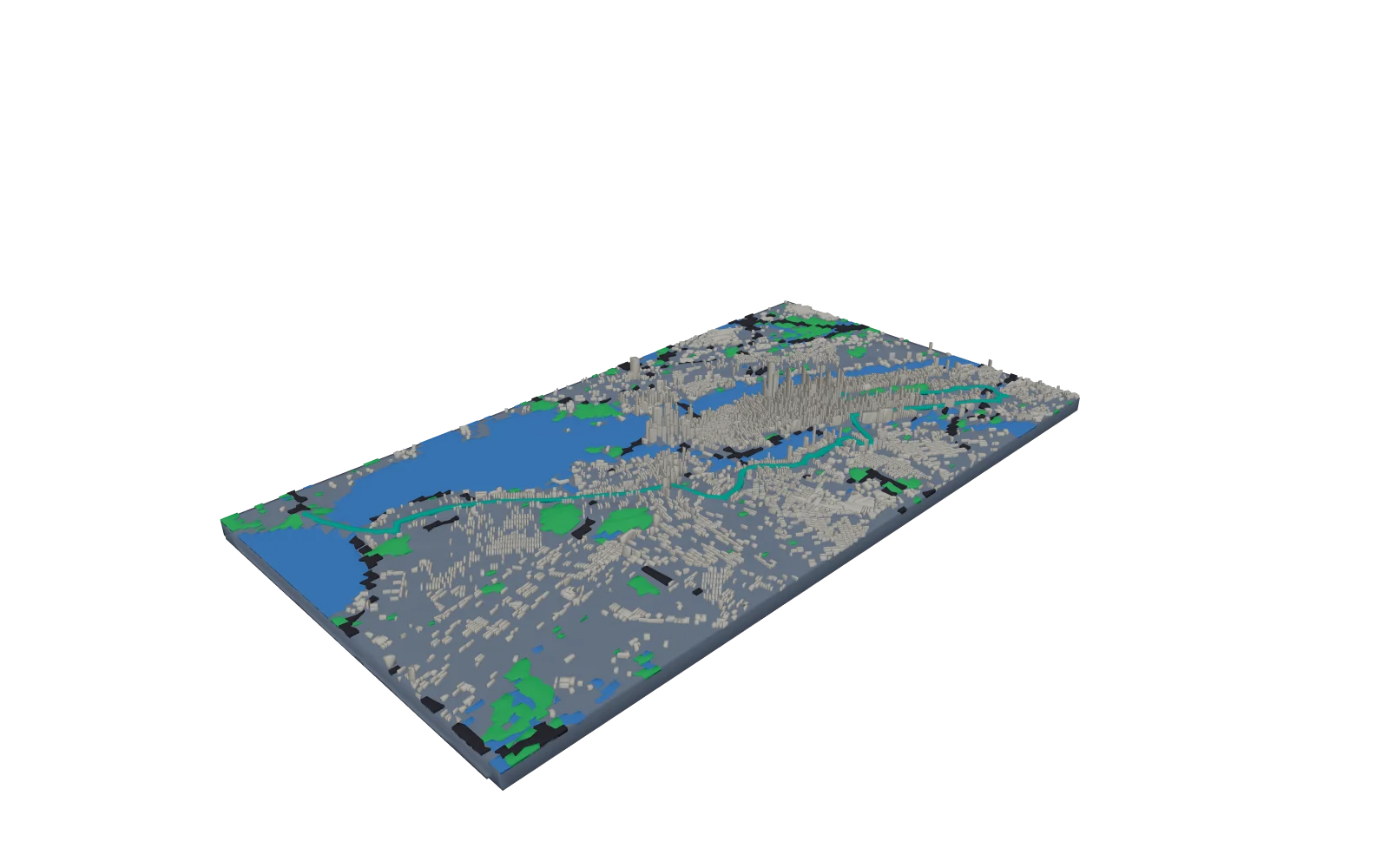 3D city model of the New York City Marathon course: the five boroughs on one base with the rivers in blue, Midtown's towers beside the course and the orange course line from Staten Island to Central Park