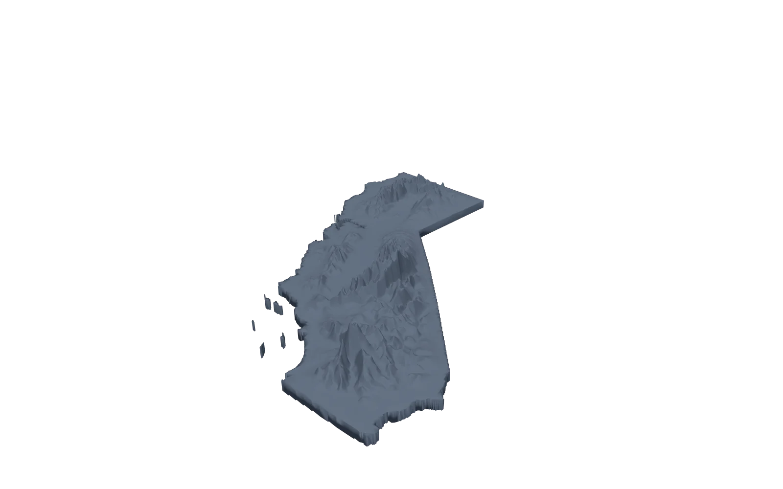 3D terrain model of California with its mountains and valleys in relief